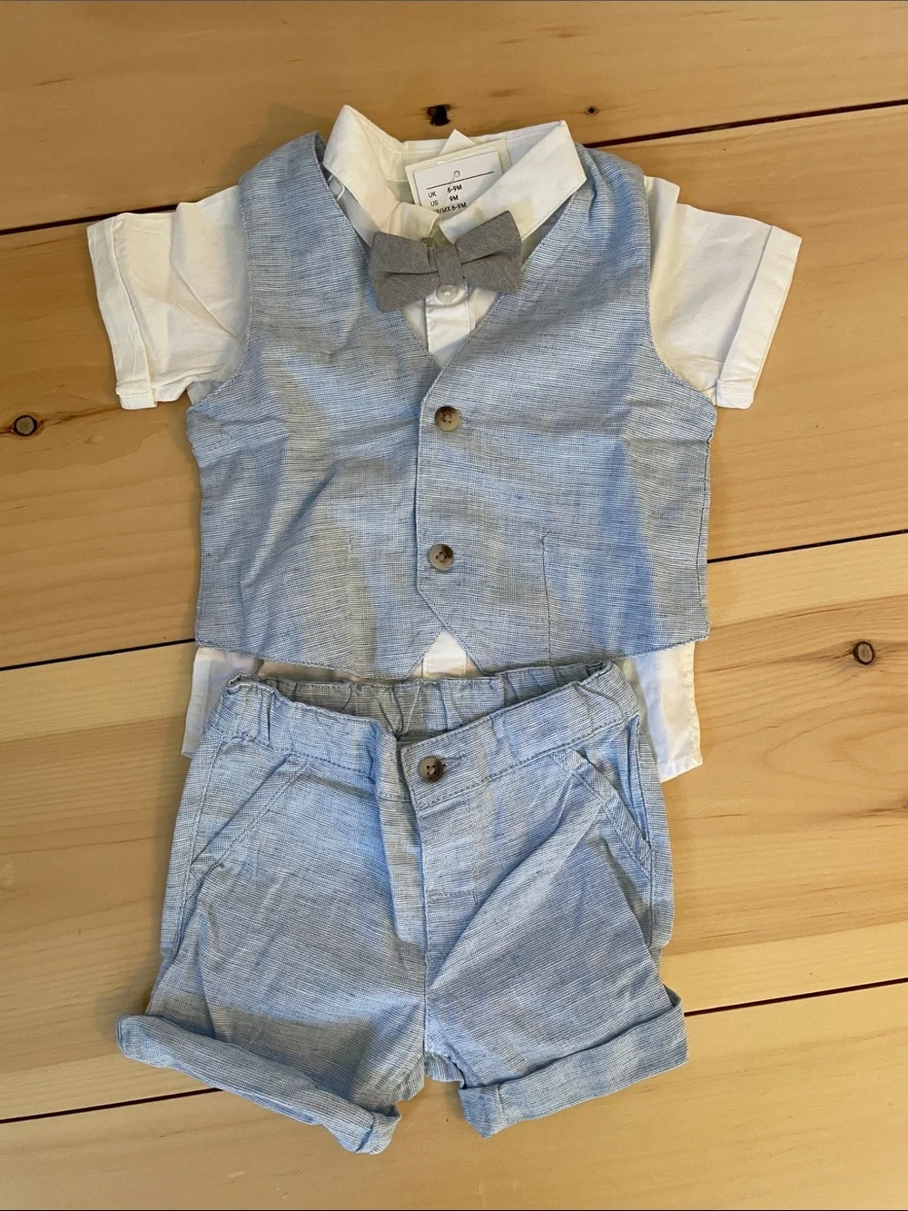 H&M Light Blue Vest & Shorts Set with Gray Bow Tie